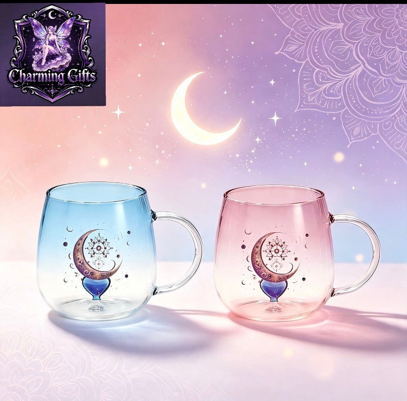 2pc Brewing Mugs, Celestial Moon Mandala Glass Mug, Pink and blue  Handled Coffee Cup with Mystical Lunar Design for Tea, Coffee, Home Decor And Gifts for Astrology Lovers And Women