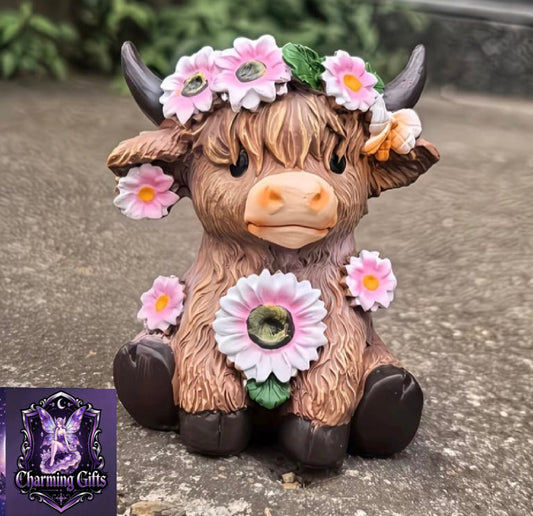 1pc Highland Cow Decoration with Floral Accents - Brown Scottish Farmhouse Decor Statue, Resin Tabletop or Garden Ornament for Home, Christmas, Halloween, Birthday Gifts - No Electricity Needed, Indoor/Outdoor Use, Cow Decorations for Home, Whimsical Anim