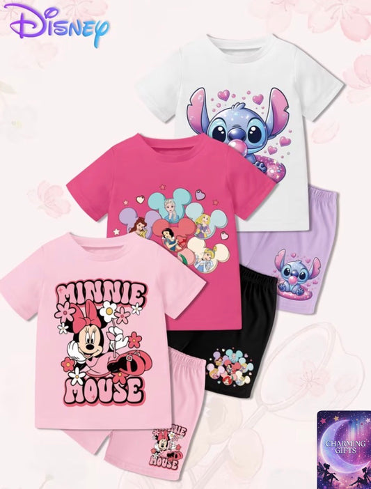 [6pcs Cute Girls' T-Shirts Set] 6pcs Cute Minnie, Stitch, Princess and the Frog Pattern Print Summer Fashion Casual Round Neck Short Sleeve T-Shirts and Shorts Set, Girls' Clothing, Soft Fabric, Suitable for Gifts for Girls, for Outdoor