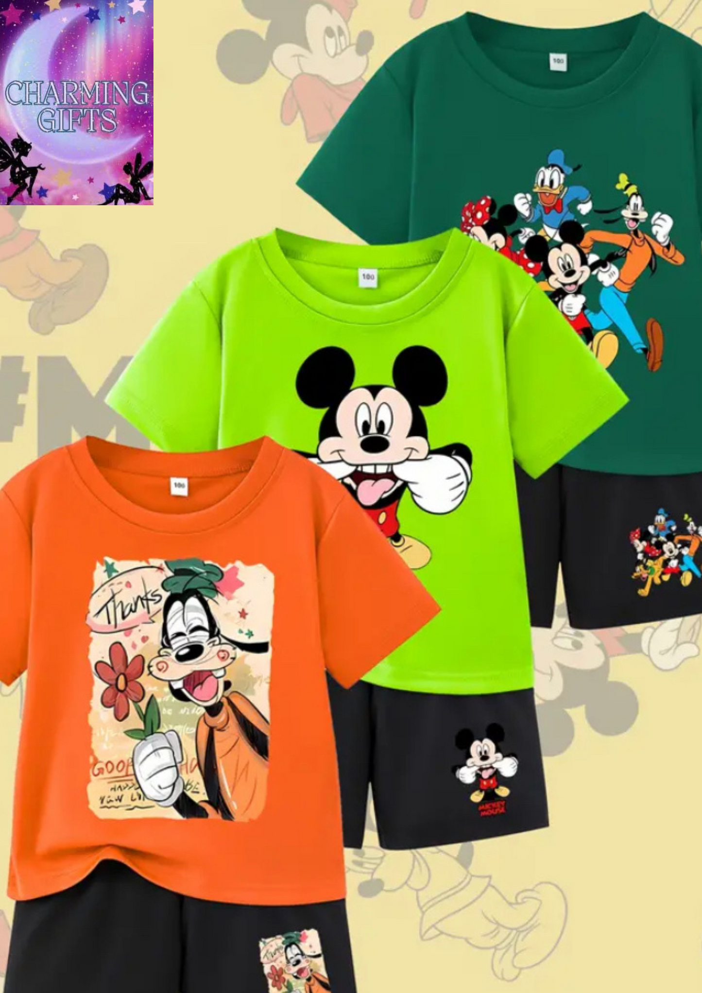 6pcs Spring/Summer Disney T-Shirt & Shorts Set for Boys - Casual Crew Neck Tee with Goofy, Mickey Mouse, and Plankton Designs, Soft Polyester Fabric, Perfect for Summer Outdoor Activities, Summer Clothing | Playful Print Design | Comfortable Fit, Mickey
