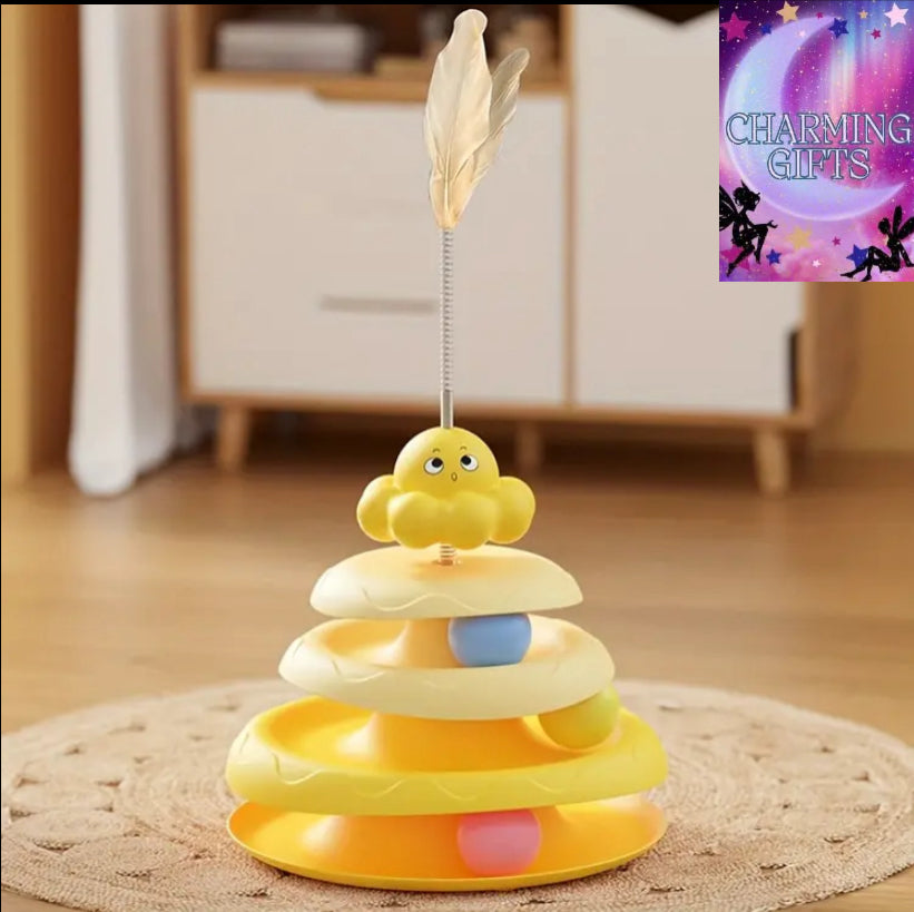 4-Tier Interactive Cat Toy with Colorful Leaves - Durable Plastic Solo Play & Bonding Activity Toy for All Cat Breeds, No Batteries Needed, Automatic Cat Toy, Cartoonish Design, Tube Mechanism