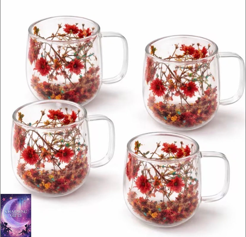 200ml 4pcs Set Of Double Walled Glass Cup Dried Flower Insulated Coffee Tea Mug with Handle Mug Gift Set