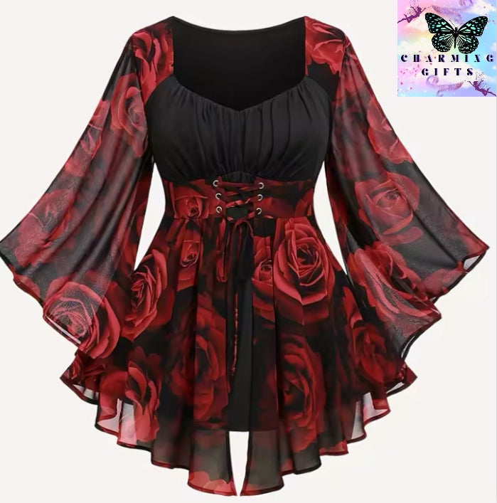 European and American fashion plus size women's rose print drawstring irregular bat sleeve top women