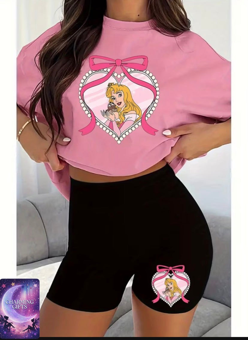2pcs Disney-authorized Sleeping Beauty Princess Pearl Heart Frame Bow Sash Print | Casual Set with Short-Sleeve T-shirt and Shorts, Women'S Clothing