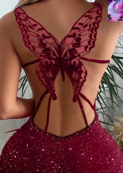 Sparkling Butterfly Print Bodycon Dress - Sleeveless & Backless Design, Perfect for Evening Events, Women's Fashion