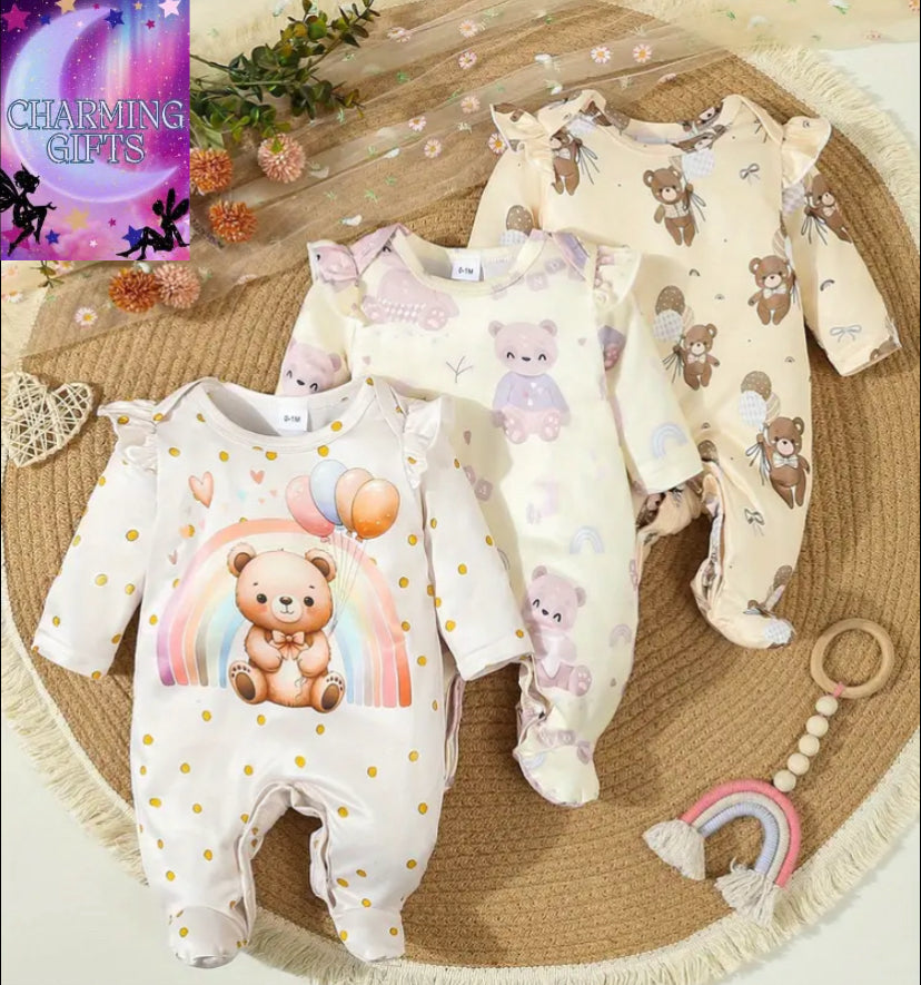 Baby Girl'S 3pcs Outfit Set - Adorable Cartoon Bear & Rainbow Design, Soft Breathable Fabric, Round Neck, All-Season Rompers with Matching Hat & Teether, Baby Girl Outfit, Perfect for Outdoor