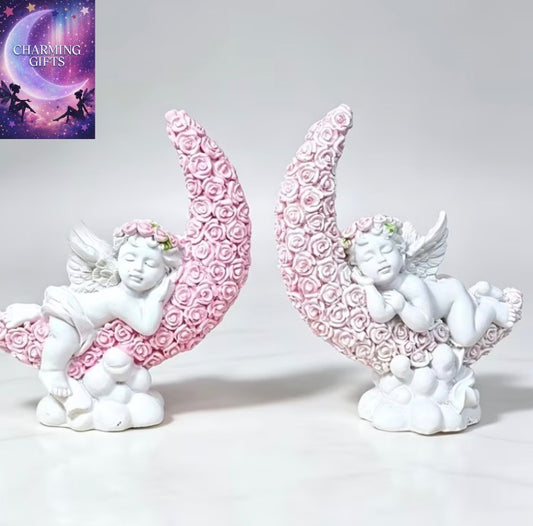 2pcs Sleeping Angel Moon Sculpture, Pink Rose Crescent Moon Resin Sculpture, Romantic Fairy Garden Decor, Bookshelf And Bedroom Decoration, Valentine'S Day, Wedding And Housewarming Gift