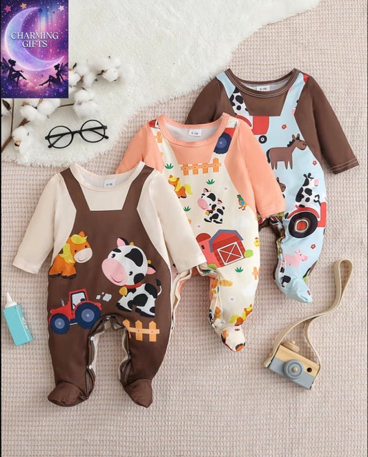 A 3pcs Set for Baby Boys Suitable for All Seasons, Featuring a Cute Faux Denim Print Design, a Fun Faux Two-Piece Suspender Print, And a Casual Knitted Stretch Onesie, Perfect for Spring, Summer, Autumn, And Winter, for Outdoor