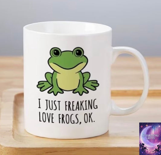 Cute Frog Coffee Mug 11oz, I Just Freaking Love Frogs Ceramic Mug Tea Milk Cup, Funny Gag Gifts Ideas White Elephant for Frog Lovers Men Women Adults Children