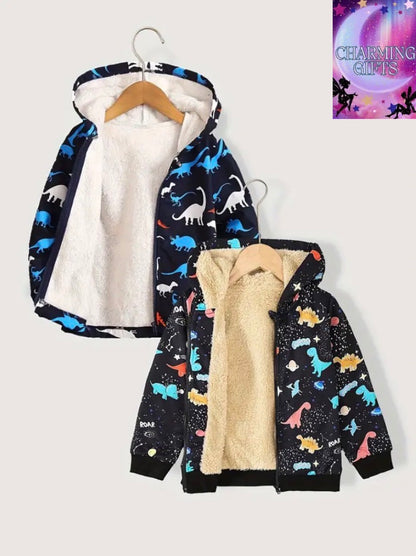 Boys' 2pcs Dinosaur Print Fleece-Lined Hooded Jackets - Casual, Machine Washable for Fall/Winter
