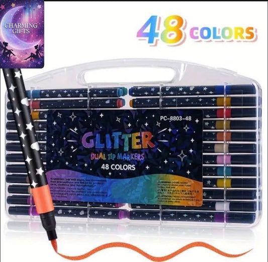 48 Color Dual Head Flashing Watercolor Pen, Ink Dries Quickly Without Dirtying Hands, Adheres Firmly, and the Fine Pen Tip Can Easily Capture Details. Suitable for Decorating Black Paper, Painting, Graffiti, Bookkeeping, DIY Cards, and Scrapbooks