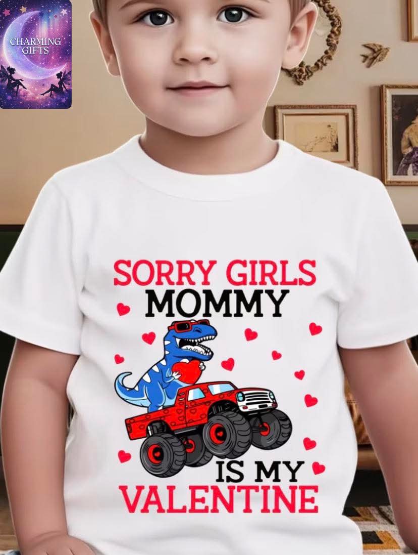 Boys' Red Heart Dinosaur Car T-Shirt | Casual Crew Neck, Slight Stretch Fabric, Spring/Summer Season, Ideal for Festivals and Valentine'S Day Gifts