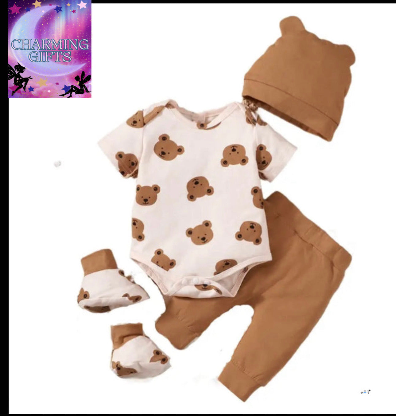 0-9 Months Newborn Baby Boy 4PCS Clothing Set Bear Print Short Sleeve Bodysuit+Pants+Hat+Sock Cute Baby Photograph Outfit