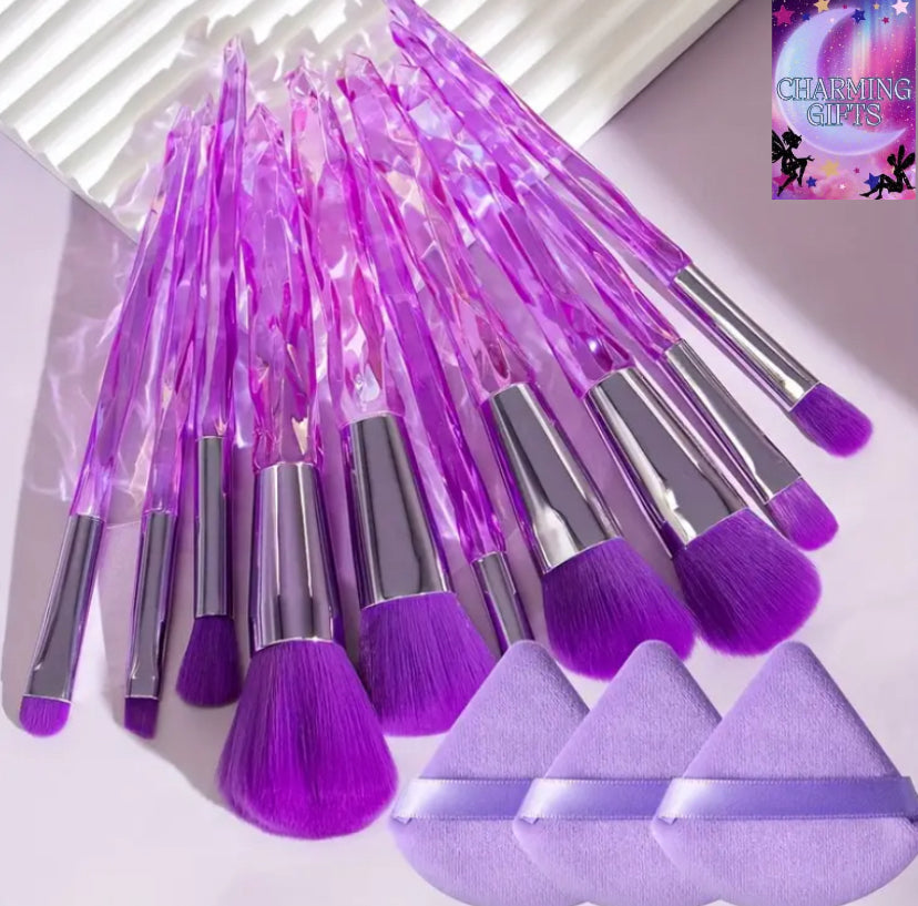 10 transparent ice cone shaped gradual  makeup brushes, flawless foundation make-up brush, powder blusher brush, powder brush, eye shadow brush set, glass shaped transparent handle - and powder puffs