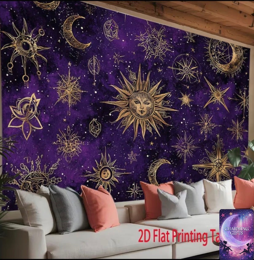 2D Flat Printing Tapestry, 1pc Celestial Sun Moon Star Boho Style Tapestry, Astrology Constellation Pattern Tapestries, Wall Hanging for Home, Livingroom Bedroom Office Yoga Studio Decor, Ideal Creative Gift, Festive Party Decor Polyester 150cmx200cm