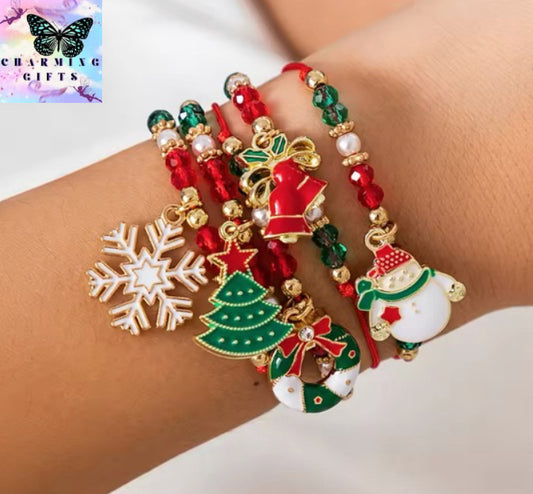 5pcs/set Cute Christmas Series Snowflake Tree Pendant Crystal Bracelet Women CCB Beads Adjustable Thread Rope Bracelet