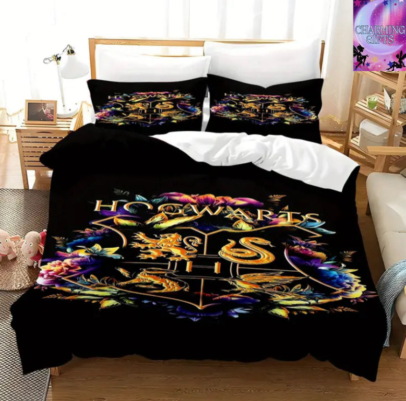 3pcs Warner Bros bedding  Harry Potter Bedding set, duvet cover and pillowcase, no filling, multi-colour printing, soft and comfortable, suitable for family bedrooms and guest rooms, suitable for all seasons ( Double )
