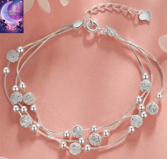 925 Sterling Silver Bead Linked Bracelet Women Girls Jewellery