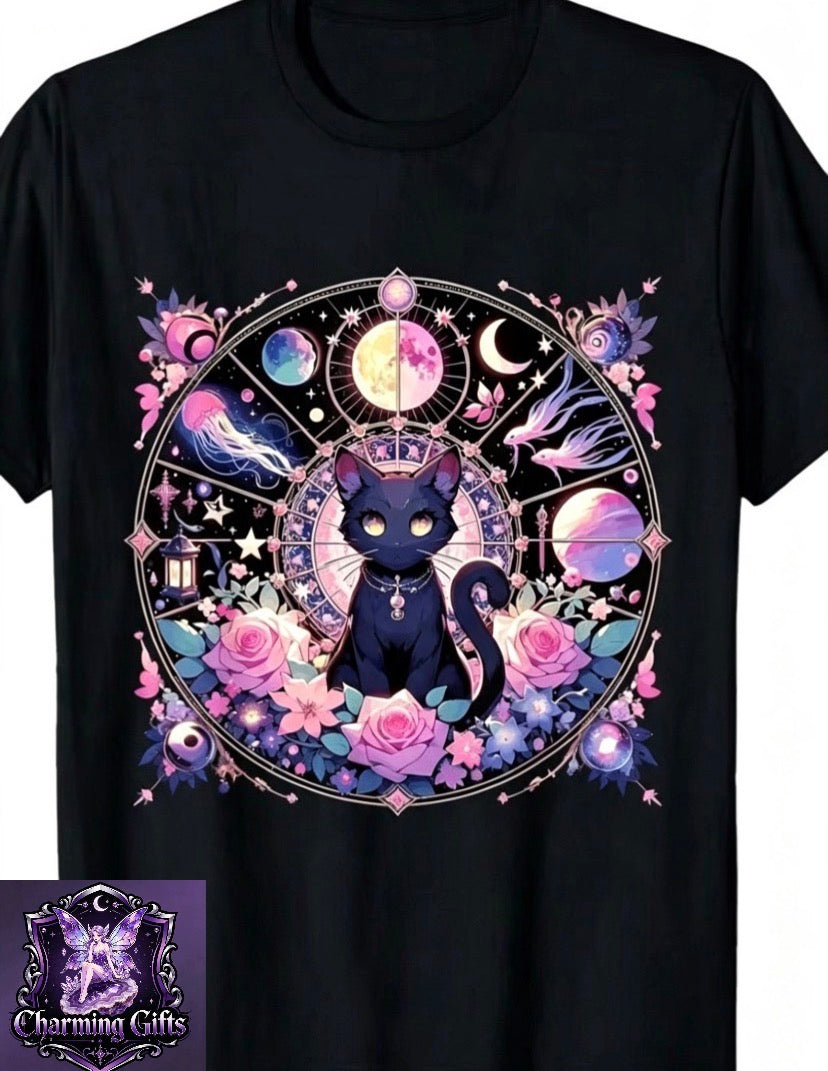 Moon Phases Crystal Witchy Cute Black Cat Kawaii Pastel Goth Funny Crew Neck Tee with Stylish Print Casual & Comfortable Travel Clothing for Fashion Enthusiasts Ideal for Summer, Spring, Fall, And Daily Wear