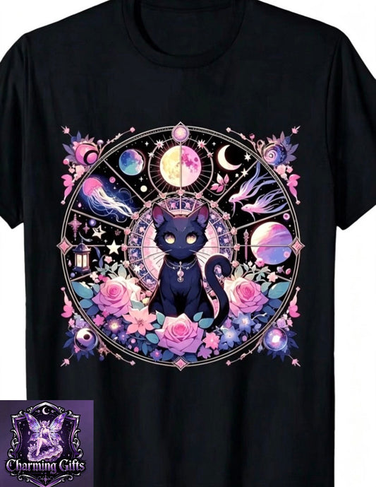 Moon Phases Crystal Witchy Cute Black Cat Kawaii Pastel Goth Funny Crew Neck Tee with Stylish Print Casual & Comfortable Travel Clothing for Fashion Enthusiasts Ideal for Summer, Spring, Fall, And Daily Wear