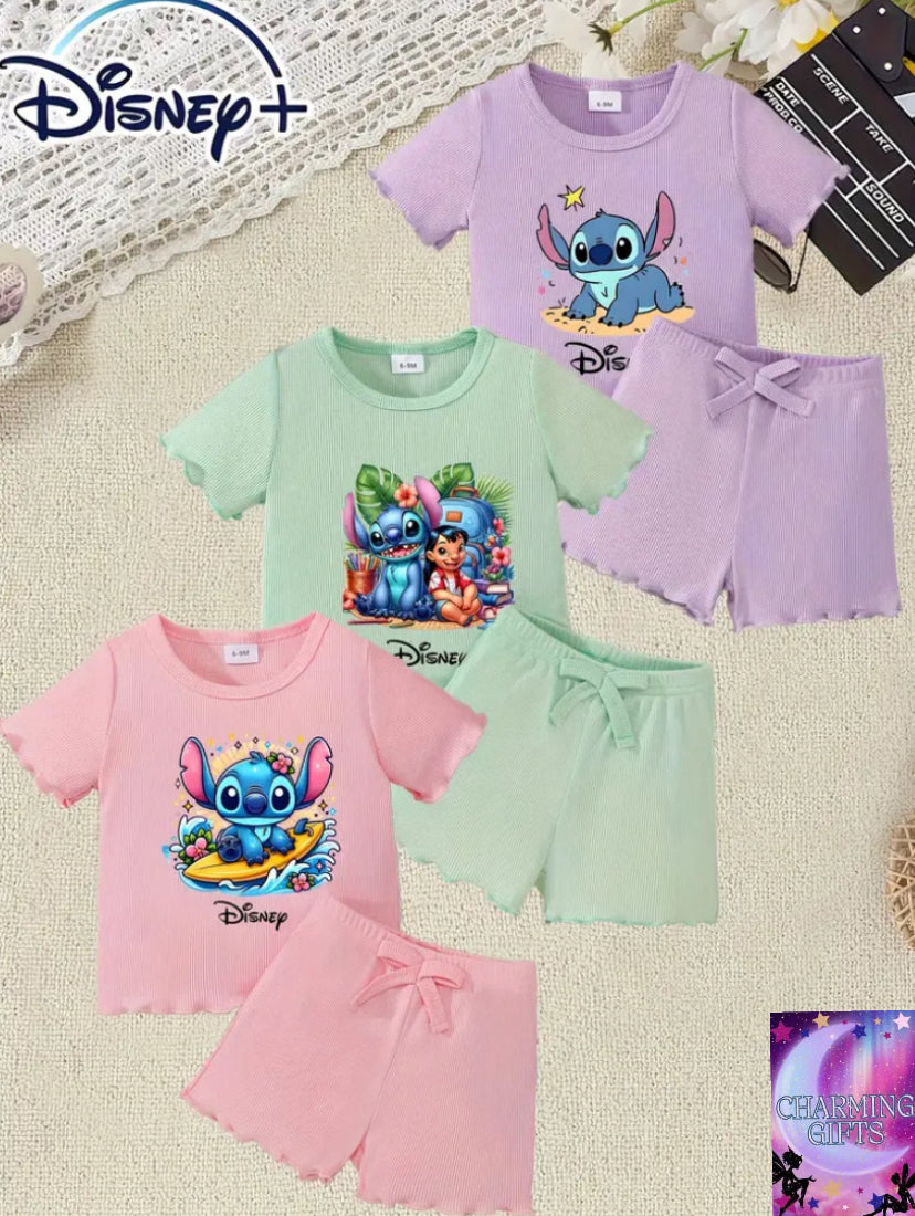 Disney 6pcs Kids' Casual Stylish Cute Stitch Style Printed Knit Short Sleeve Tops and Elastic Waist Shorts Regular Fit Suitable for Spring/Summer Outdoor Sports and Daily Leisure, Perfect for Outdoor