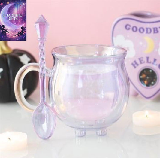 🔮 Purple Glass Cauldron Mug with Crystal Spoon