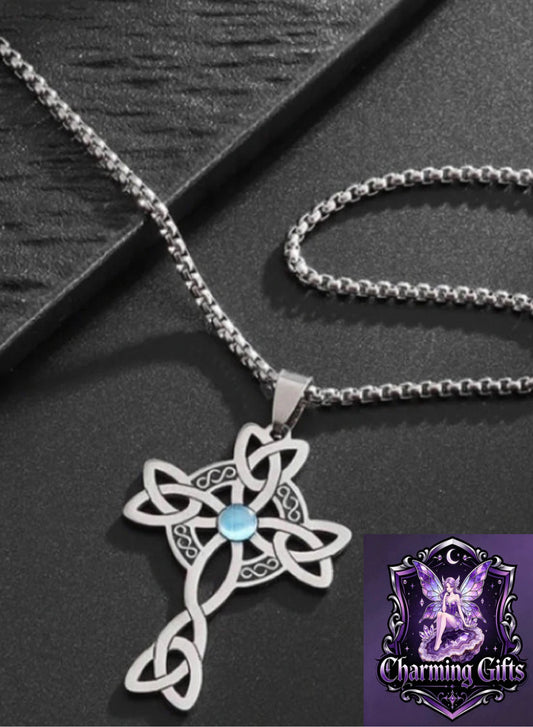 Stainless Steel Celtic Knot Cross Power Stone Pendant Necklace for Women Men Irish Witch Knot Lucky Jewelry Gift