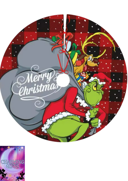 Christmas Tree Skirt Decor Green Fur Monster Plush Grinch Xmas Tree Apron Collar Decorative Chrismas Grinch Carpet Decoration