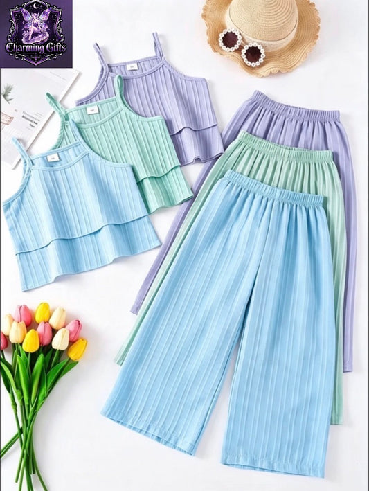 Girls' 6pcs Solid Color Camisole with Solid Color Slacks Outdoor Suit, Perfect for Outdoor