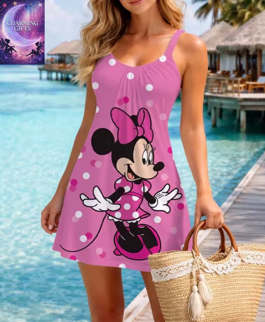 Women's Fashionable Loose-fitting Vacation-Style Dress, Disney Minnie Mouse Print Sundress, Elegant and Comfortable Dress