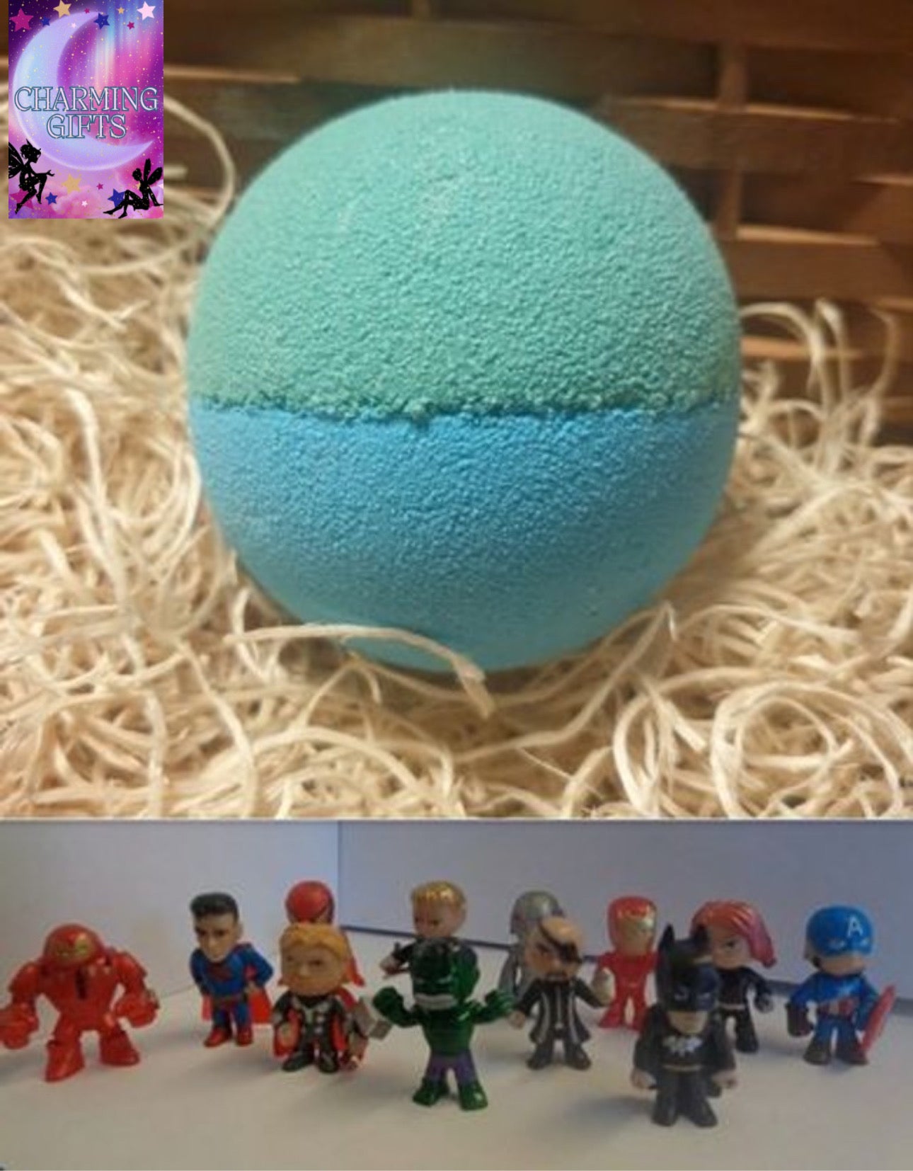 Superhero bath bomb with toy