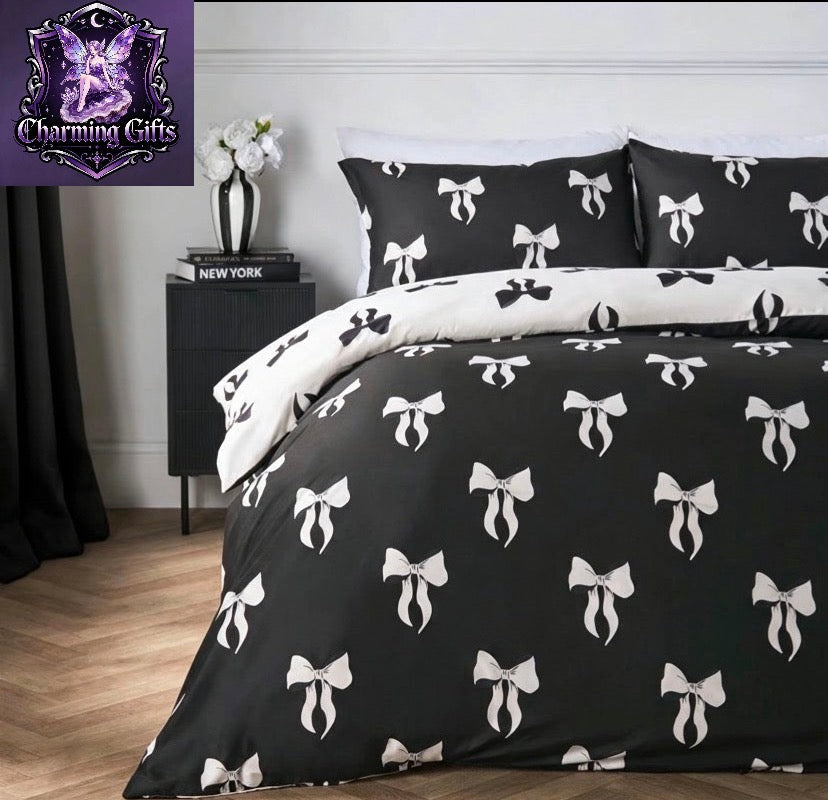 Bow Printed, Birthday Gifts for Women Super Soft Microfibre Reversible Double Duvet Set Warm Cosy Stylish Duvet Cover with Pillowcases, Monochrome