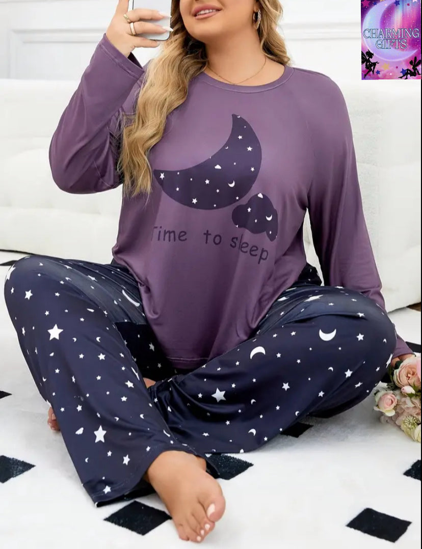 Purple top with moon pattern, two-piece set for summer and autumn, long-sleeved pants, cartoon print pajamas, suitable for home and outdoor wear, casual and comfortable, plus size