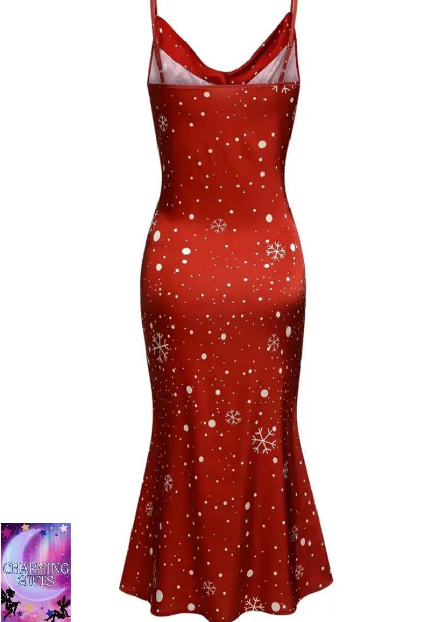 Plus Size, Women's Plus Size Red Formal Party Dress - Elegant mermaid Print Gown with Thin Spaghetti Strap, Machine Washable Party, Christmas & New Year's Evening Attire for Women, Holiday Celebration Wear, Medium Stretch Material, Best for Christmas