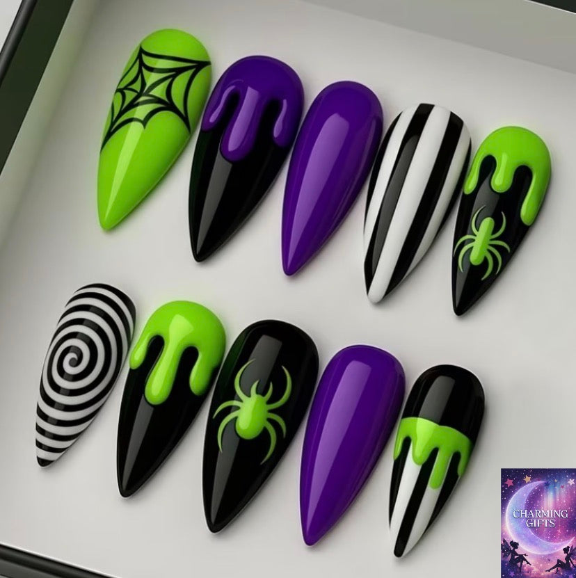 🕷️ Gothic Halloween Press‑On Nails – Long Almond Shape fluorescent