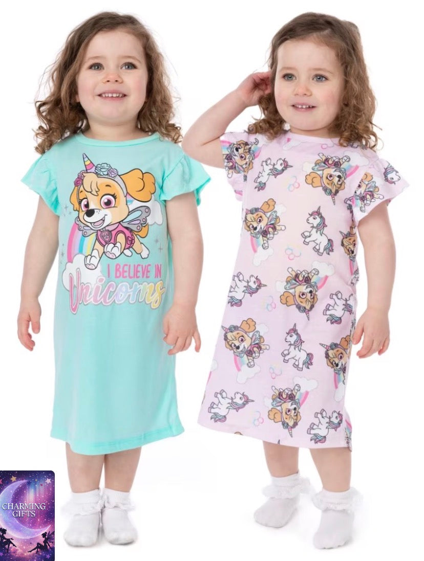 Paw Patrol Nightie 2 Pack Kids | Girls Pink And Blue Skye Unicorn Night Dress | Short Sleeve Pyjamas | Children TV Series Merchandise