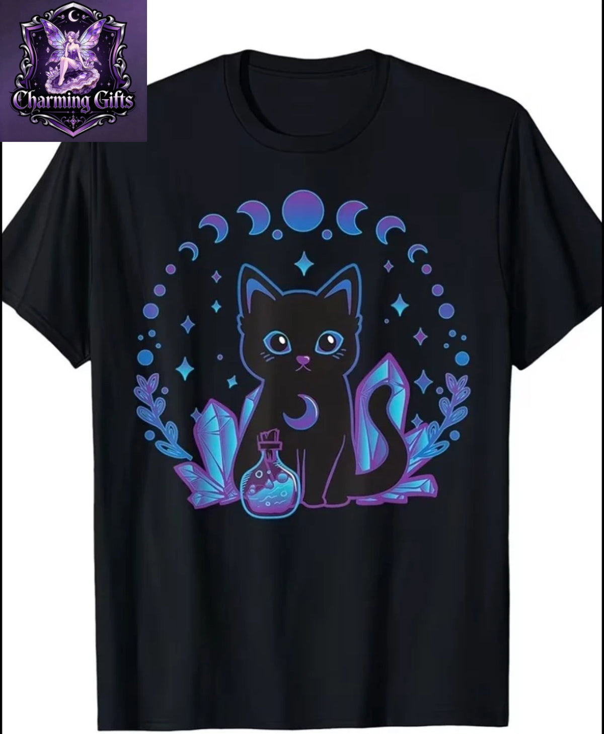 Women's Gothic Witchy Cat & Crystal T-Shirt - Pastel Goth Kawaii Style with Glowing Neon Blue/Purple Print, Cotton Soft Crew Neck Short Sleeve Tee, S-XXXL Sizes for Casual & Themed Events, Witchy Aesthetic Gift for Women, Machine Washable, Double-Needle S