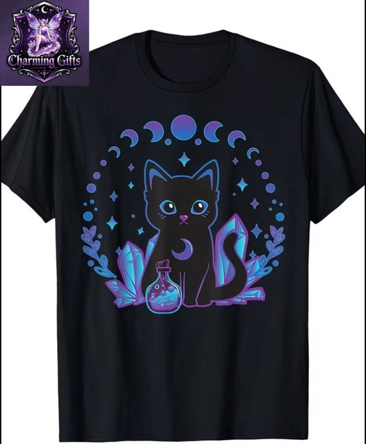 Women's Gothic Witchy Cat & Crystal T-Shirt - Pastel Goth Kawaii Style with Glowing Neon Blue/Purple Print, Cotton Soft Crew Neck Short Sleeve Tee, S-XXXL Sizes for Casual & Themed Events, Witchy Aesthetic Gift for Women, Machine Washable, Double-Needle S