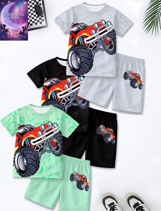 6pcs Boys' Short-sleeve Shorts Set, Casual and Fashionable Style, Fun Patterns, Summer Outdoor Sports Wear, Soft, Breathable, and Comfortable Boys' Short-sleeve Round-neck T-shirt + Shorts Set, Perfect for Children to Wear During Outdoor Outings
