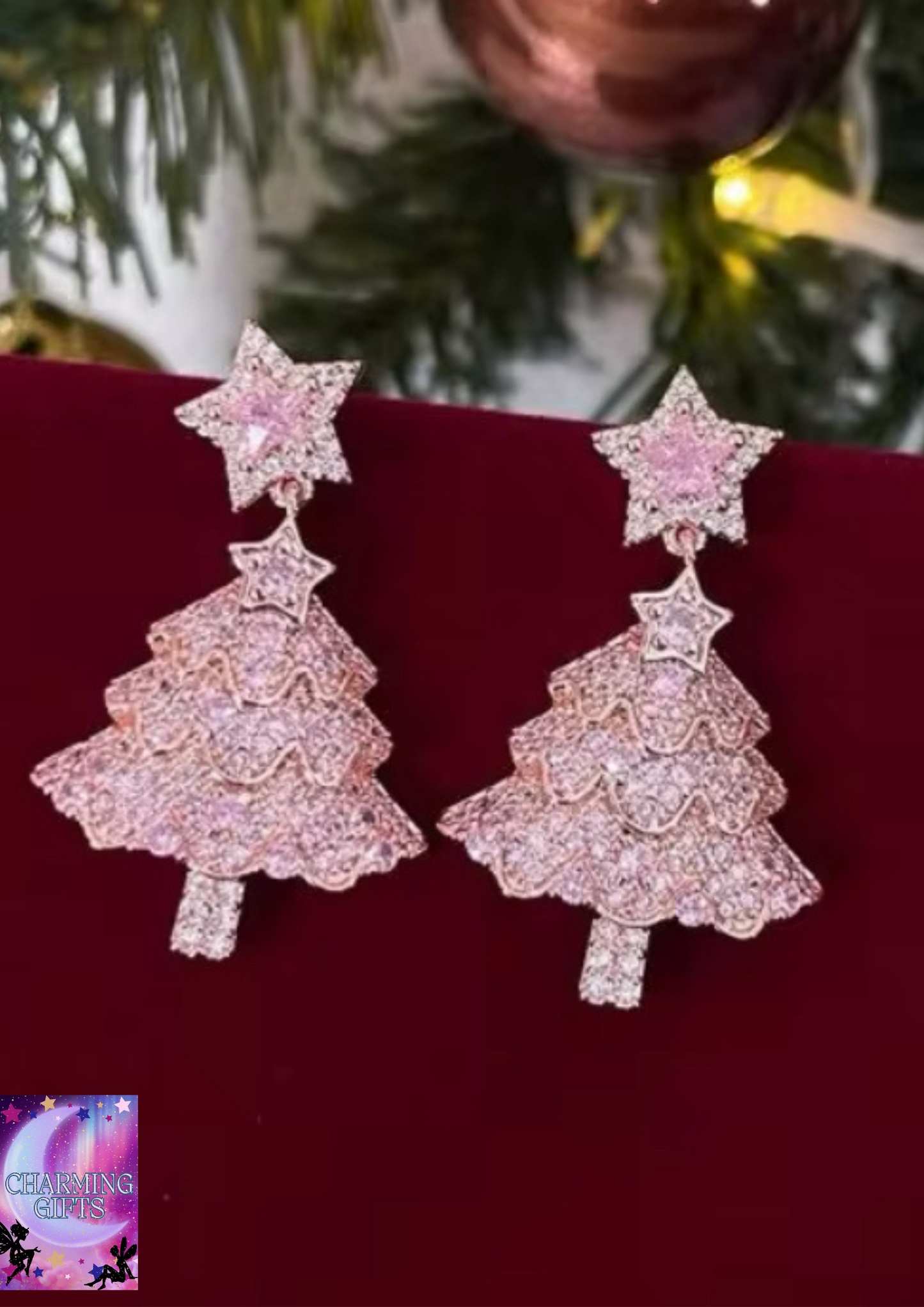 Fashion Christmas Tree Zircon Crystal Star Silver Color Earrings Stud Dangle Xmas Jewelry Women Party Gift