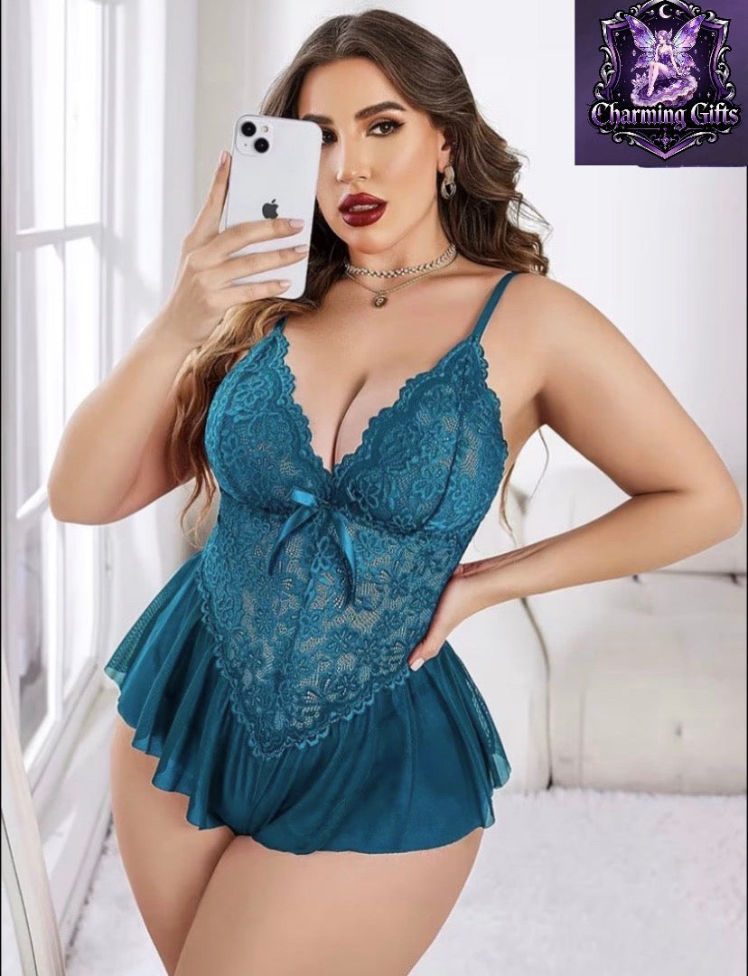 Plus Size Teal Lace Deep V Babydoll Nightgown | Sexy & Comfy Sheer Sleepwear with Contrast Lace Details