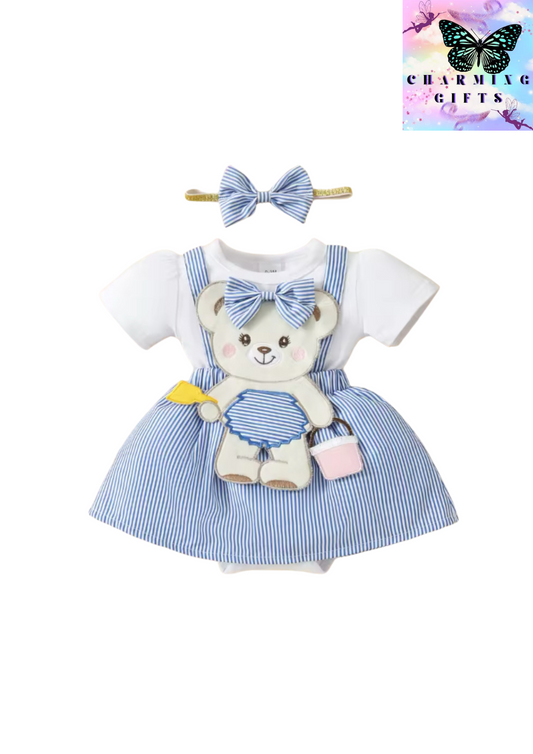 Baby Girl's 2pc Adorable Cartoon Bear Bodysuit & Striped Skirt Set with Matching Bow Headband - Perfect for Playtime & Vacations