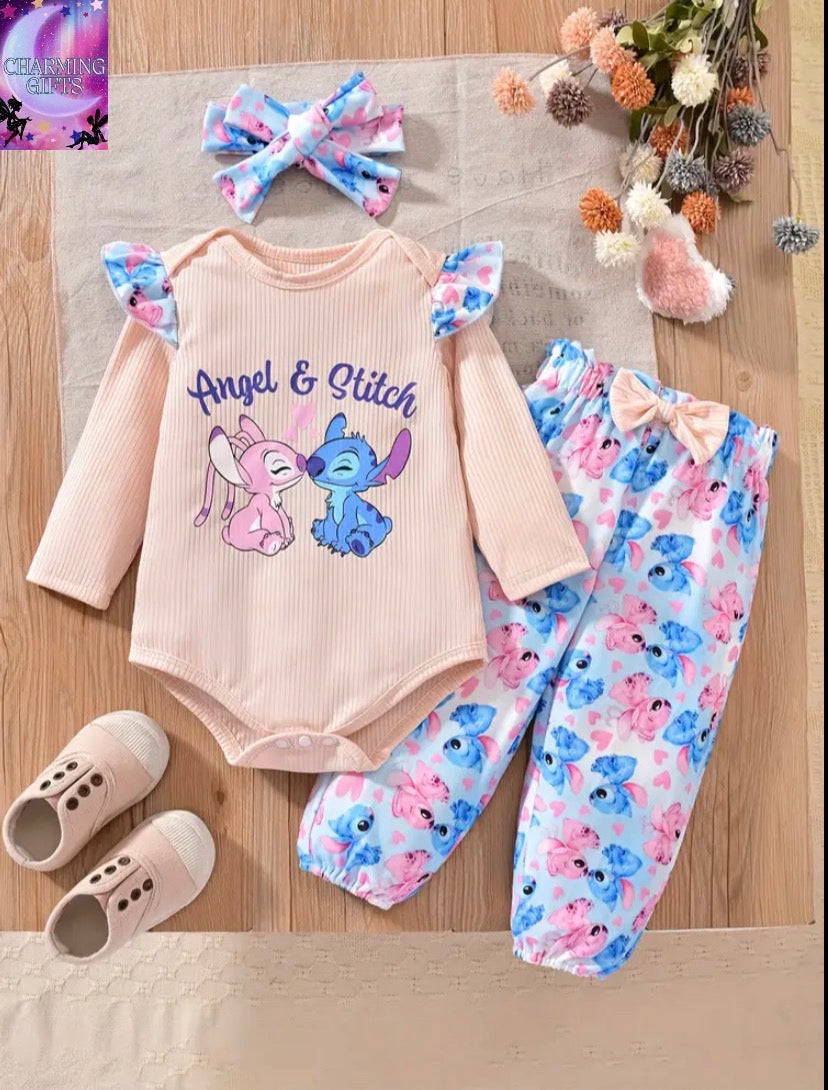 Disney Official Angel and Stitch Bodysuit Set, 3pcs Bodysuit: Stitch Print Long Sleeve Bodysuit, Patterned Pants and Bow Headband, Best Gift for Halloween Christmas Angel and Stitch Bodysuit, Ideal Choice for Daily Wear and Gifting, for Outdoor