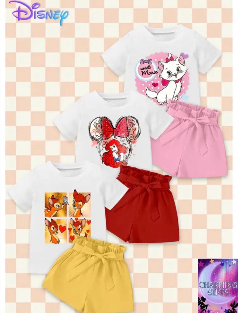 [Disney 6pcs Girls Outfit] Disney 6pcs Set, Adorable Ariel Princess & Marie  Cat Print Summer Outfit for Girls - Soft Fabric Casual Round Neck Short Sleeve T-Shirt & Shorts, Perfect Gift for Outdoor