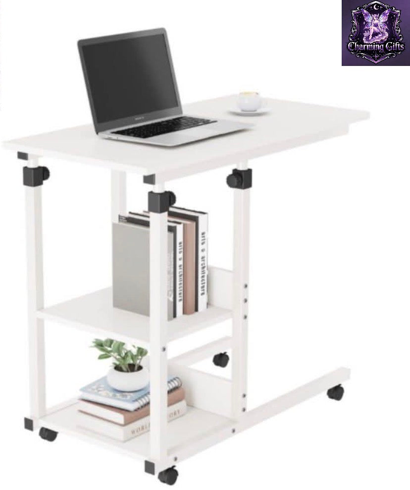 White) Folply C Shaped Height Adjustable Mobile Rolling Side Table, End Table, Laptop table