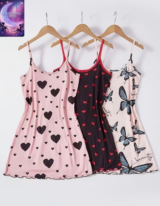 Women's Plus Size Sweet Style Printed Scalloped Hem Camisole Bodycon 3pcs Loungewear Nightgown Set