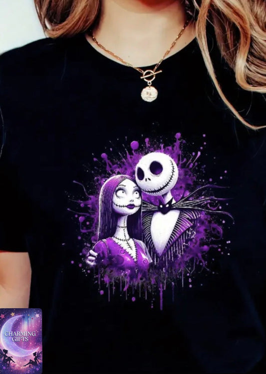 Women's Jack Skellington & Corpse Bride Graphic T-Shirt - Y2K Style Crew Neck Tee with Purple Splatter Art, 95% Polyester 5% Spandex, Lightweight 180gsm for Spring Summer Autumn Casual Wear, T Shirt, Seasonal Versatility, Everyday Machine Washable