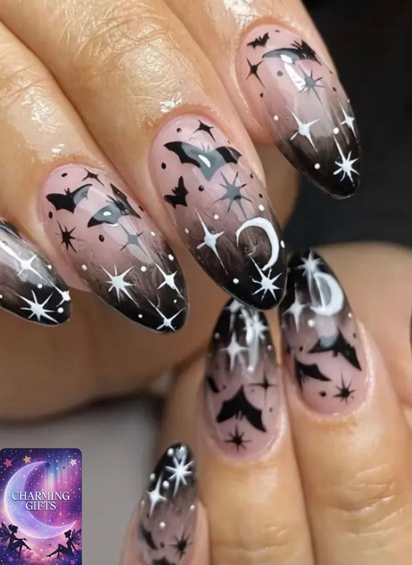 Halloween Press On Nails, Gothic Nails, 24pcs Set Black Magic Bats Press-On Nails, Almond Shaped Middle-Length, Mixed Color Glossy Finish with Moons and Holiday Elements - Festive Halloween Nail Art Design