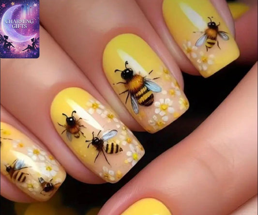 24pcs Cute Bee & Daisy Nail Art Set - Yellow & Black Gradient, Glossy Finish, Press-on Nails for Women and Girls, Perfect for Daily Wear & Date Nights, Includes Gel and File, Date Nails | Playful Design | Glossy Finish Nails, Nail Art Decor