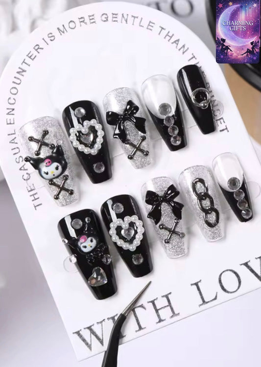 24Pcs 3D kuromi press on nails Y2K Cartoon Handmade Fake Nails Black Gel nail Wearable Nails Cinnamoroll Melody Anime False Nail